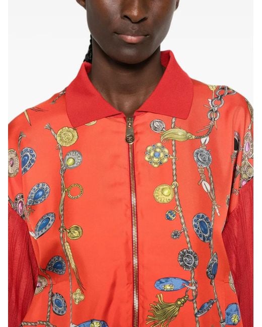 Versace Red Jewellery-Print Pleated-Sleeve Cardigan