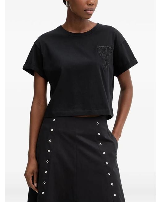 Twinset Black Logo-Embroidered Cropped T-Shirt