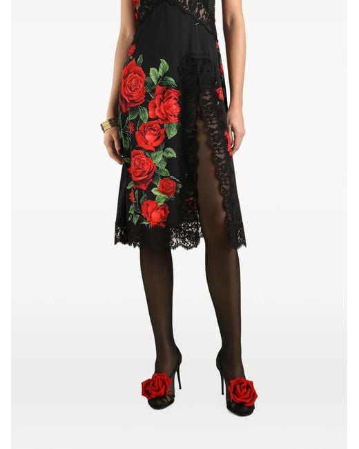 Dolce & Gabbana Red Rose-Print Charmeuse Midi Dress
