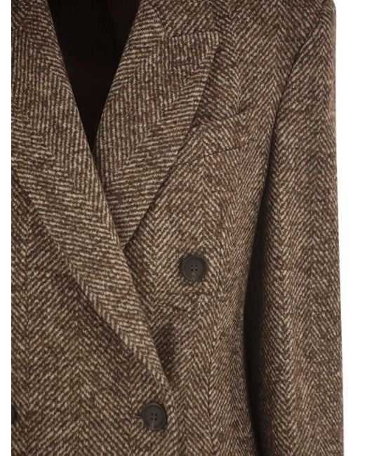 Brunello Cucinelli Brown Double-Breasted Herringbone Coat
