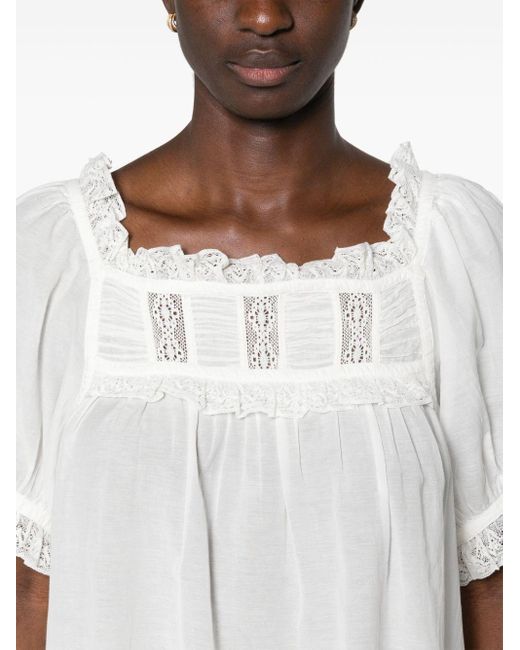 Doen White Lace-detailed Puff-sleeve Blouse