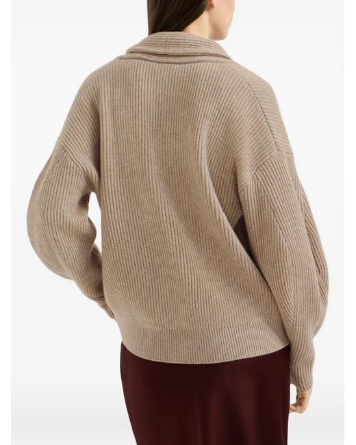 Brunello Cucinelli Natural Cashmere English-Rib Sweater With Monili