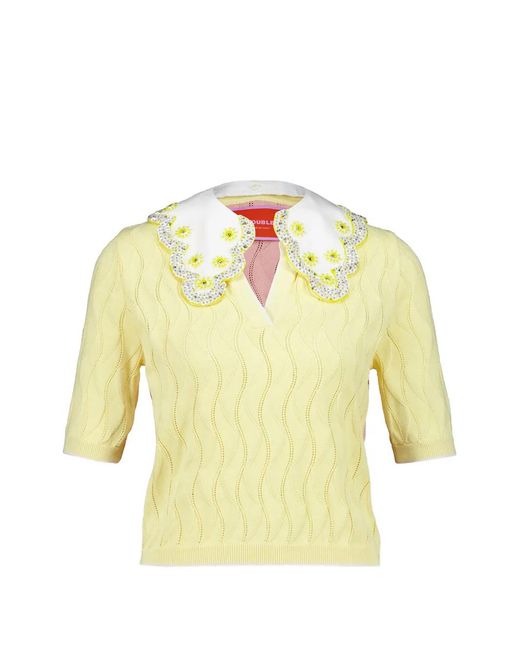 LaDoubleJ Yellow And Openwork Polo-Style Crop Top With Collar Decorated With Embroidery And Crystals