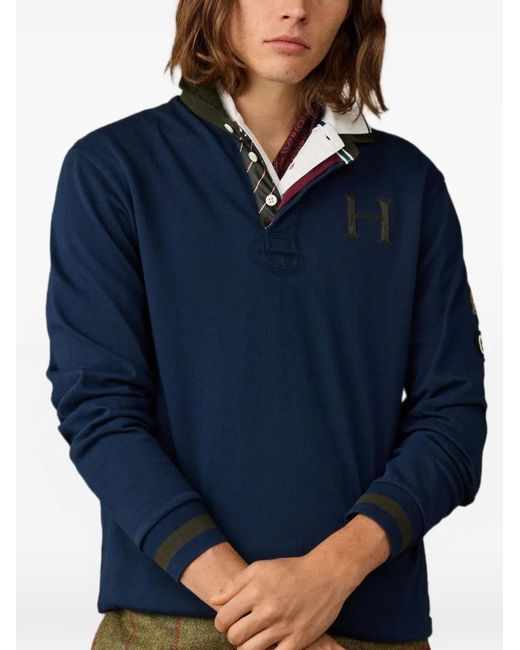 Hackett Blue Logo-Patch Long-Sleeve Polo Shirt for men
