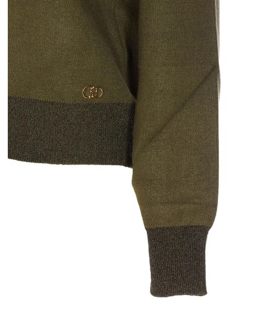 Liu Jo Green V-Neck Patterned-Insert Sweater