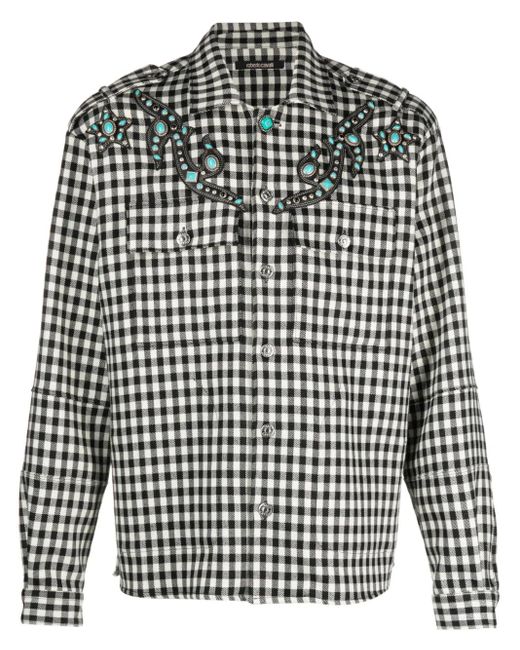 Roberto Cavalli Black Studded Gingham Wool-Blend Shirt for men