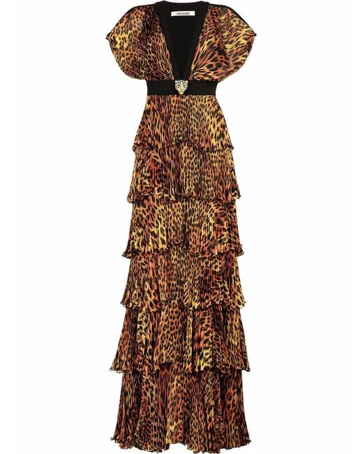 Roberto Cavalli Brown Leopard-Print Long Evening Dress