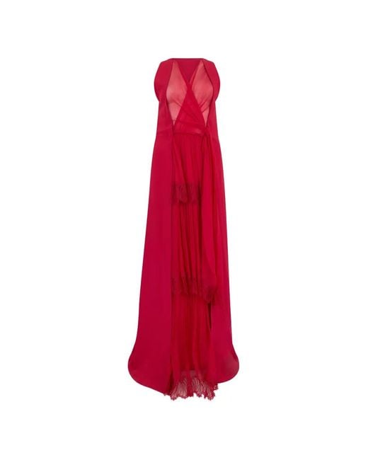 Alberta Ferretti Red Lace-Trim Maxi Dress