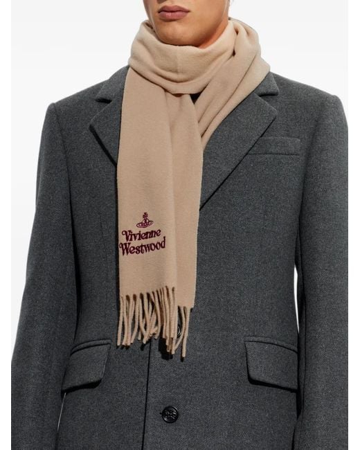 Vivienne Westwood Natural Logo-Embroidered Fringed Scarf