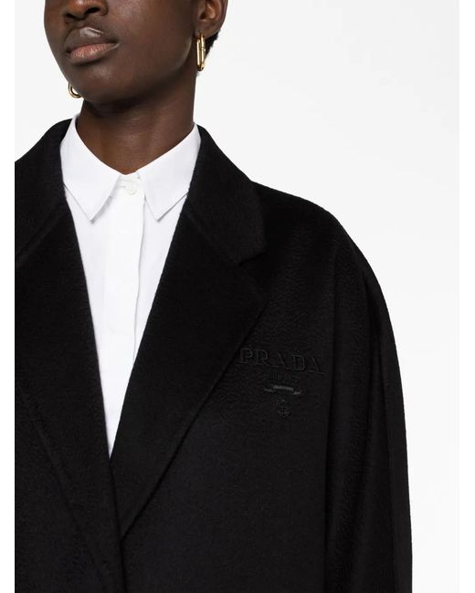 Prada Black Logo-Embroidered Cashmere Coat