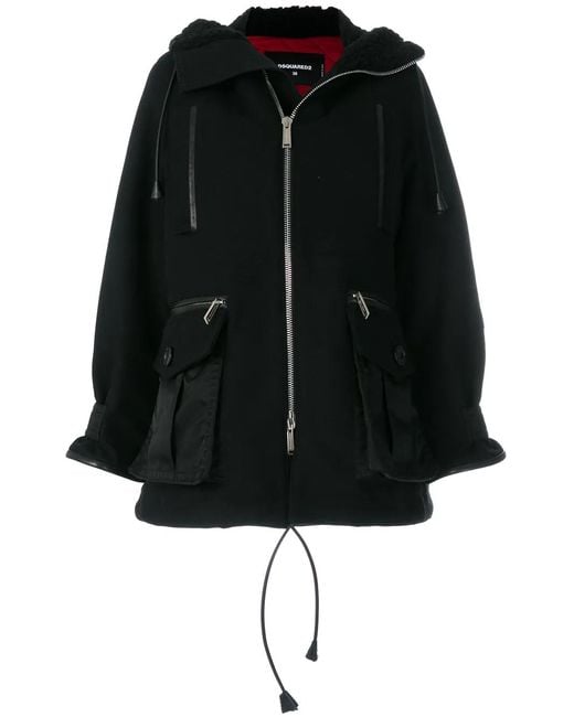 DSquared² Black Shearling Lined Hooded Coat