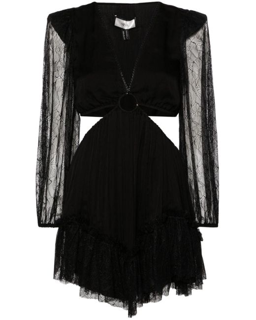 Nissa Black Lace-panels Silk Minidress