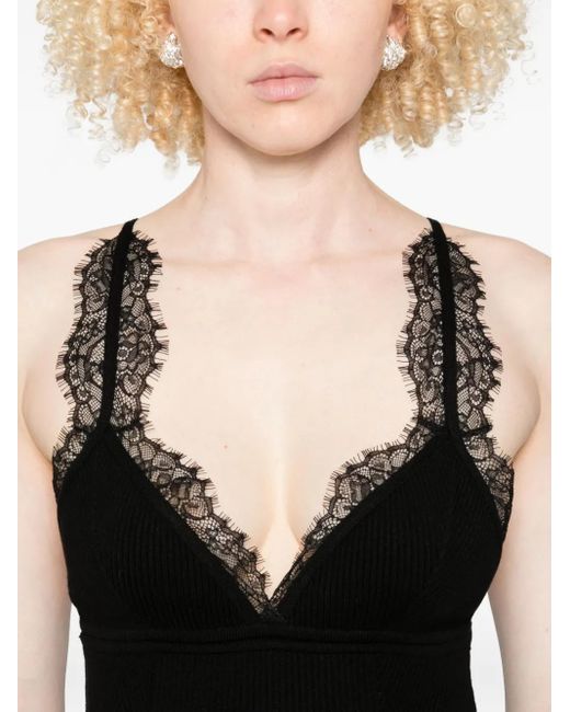 Blumarine Black Lace-Trimmed Ribbed Midi Dress
