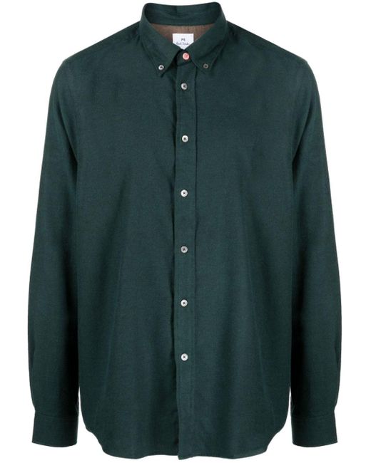 PS by Paul Smith Green Logo-embroidered Cotton Flannel Shirt for men