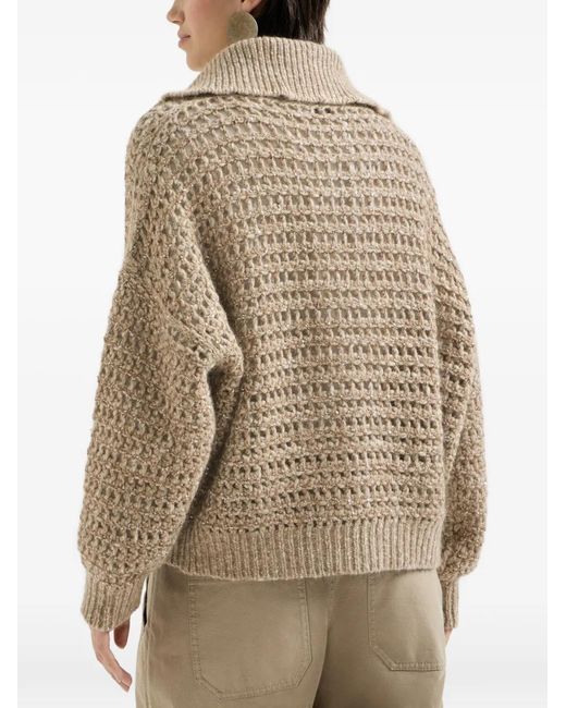 Brunello Cucinelli Natural Dazzling Soft Virgin Wool And Cashmere Net Cardigan