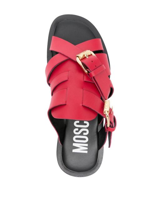Moschino Red Buckled Leather Slides for men