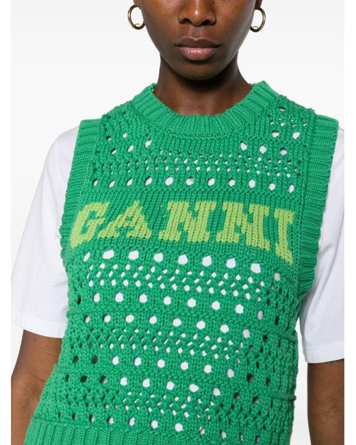 Ganni Open Stitch Gebreide Vest Met Logo in het Green