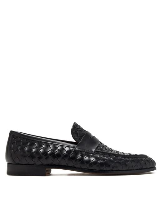 Magnanni Shoes Black Hyde Woven Leather Loafers for men