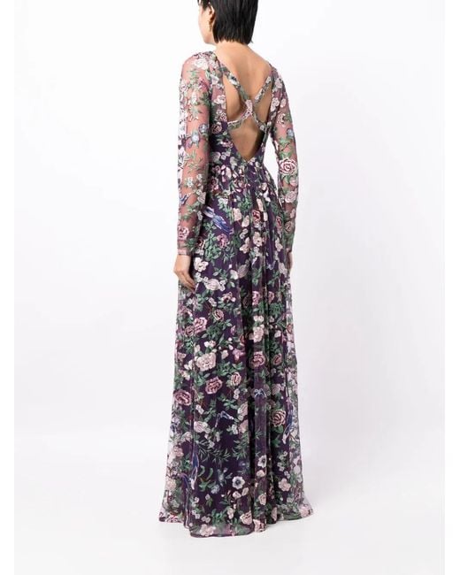 Marchesa Purple Botanical-Embroidery Sheer-Overlay Gown