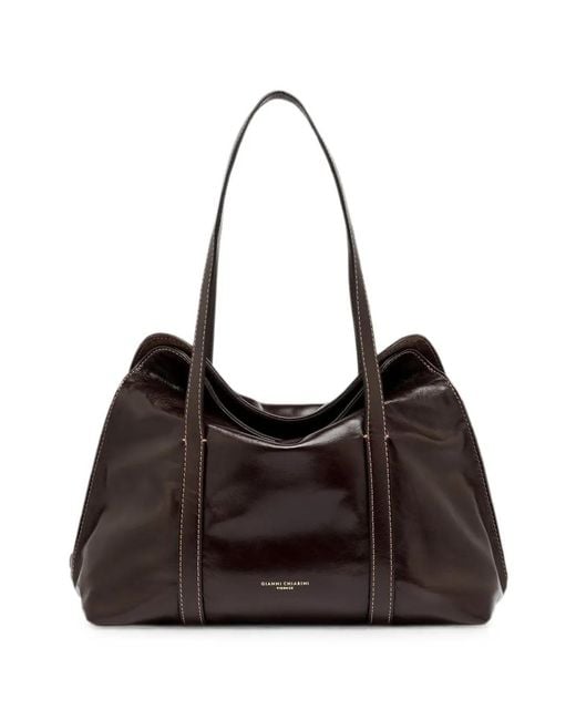 Gianni Chiarini Black Marghe Large Topstitch Leather Shoulder Bag