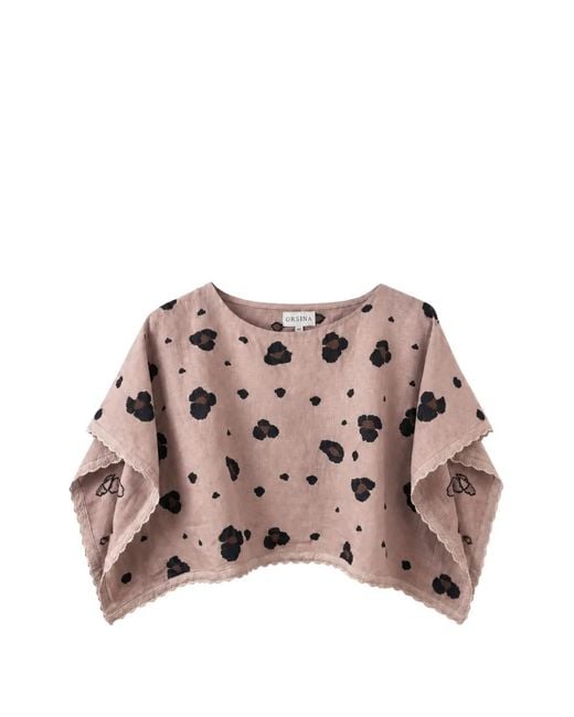 ORSINA Pink Leopard-Print Lace-Trim Top