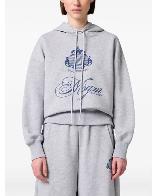 MSGM Gray Logo-Print Drawstring Hoodie