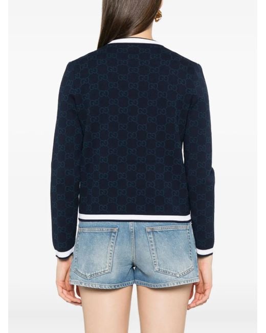 Gucci Blue Gg Fine Cotton Jacquard Cardigan