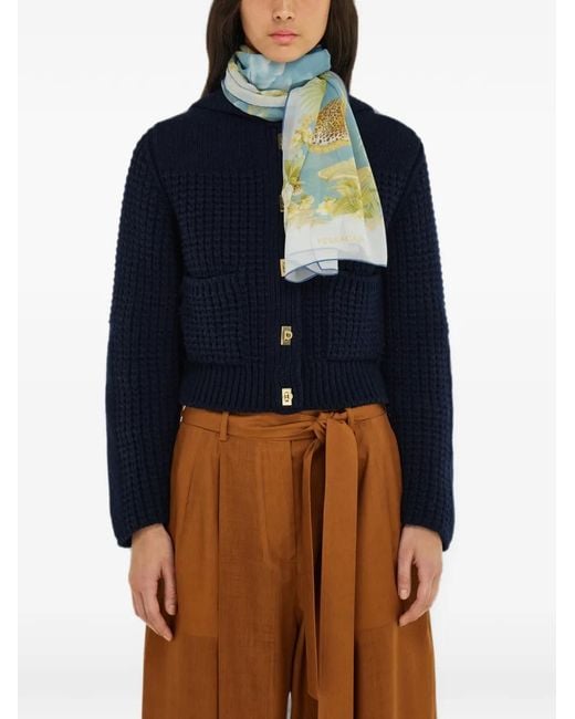 Ferragamo Blue Floral-Print Leopard-Motif Scarf
