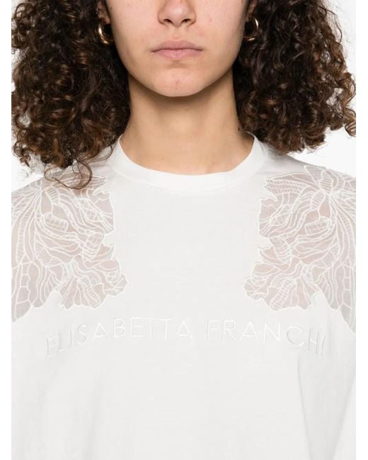 Elisabetta Franchi White Cropped T-Shirt With Floral Embroidery