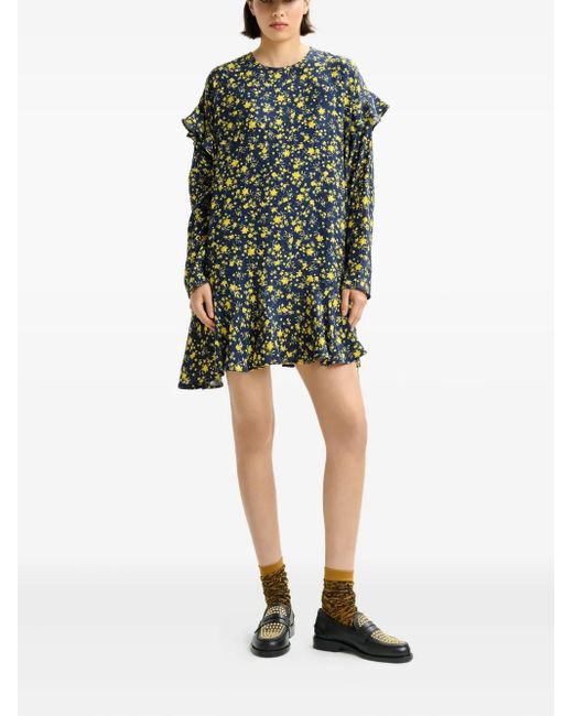 Essentiel Antwerp Blue Floral Ruffled Asymmetric Day Dress