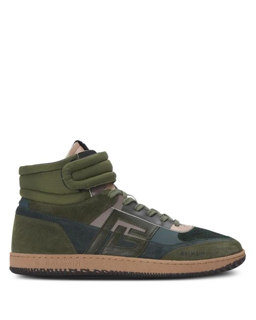 Balmain Green Khaki Swan Mid-Top Calfskin & Suede Sneakers for men