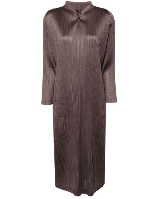 Pleats Please Issey Miyake Brown Long-sleeved Pleated Shift Dress