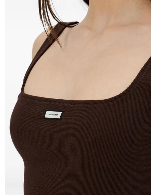 Entire studios Brown Ribbed-Knit Logo-Patch Top