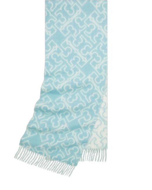 Tory Burch Blue Logo-Pattern Fringed Scarf
