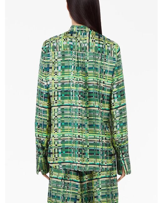 Ferragamo Green Long-Sleeved Checkered Silk Shirt