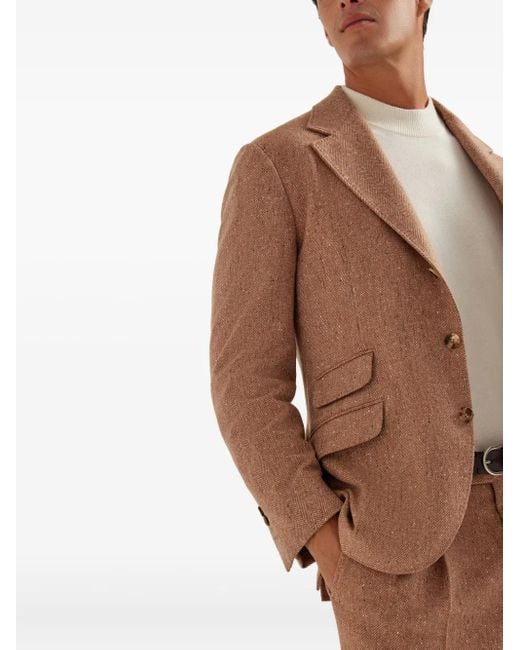 Brunello Cucinelli Brown Herringbone-Pattern Single-Breasted Blazer for men