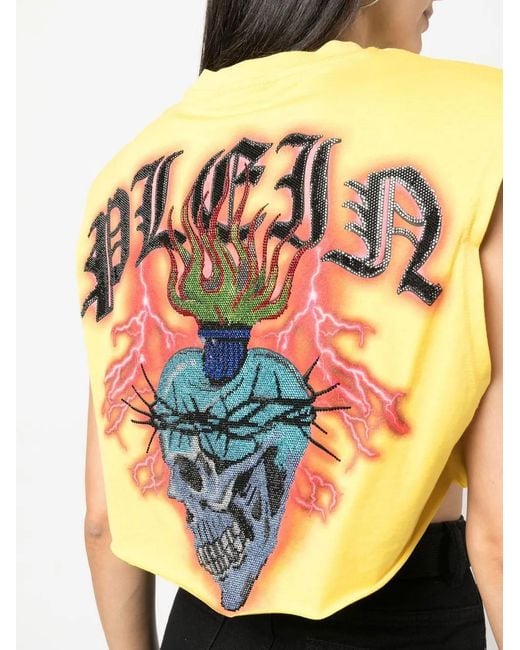 Philipp Plein Yellow Love Tattoo Cropped T-Shirt