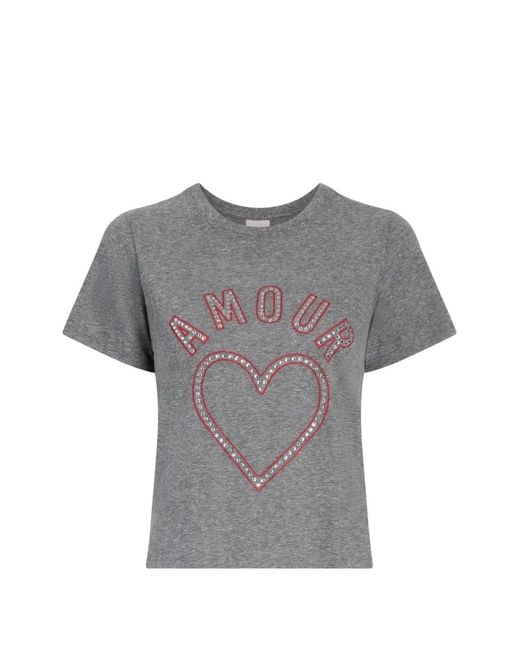 Cinq À Sept Gray Crystal Amour Heart Shrunken T-Shirt