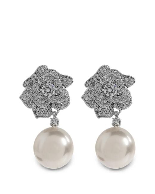 Self-Portrait Gray Crystal-Embellished Pearl-Drop Earrings