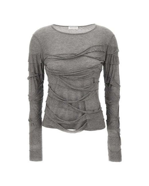 7 For All Mankind Gray Ruffle-Trimmed Frayed T-Shirt
