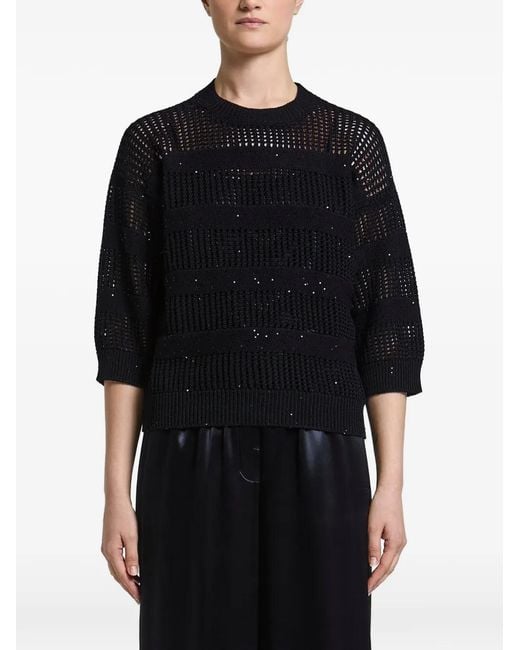 Peserico Black Sequin-Embellished Open-Knit Sweater