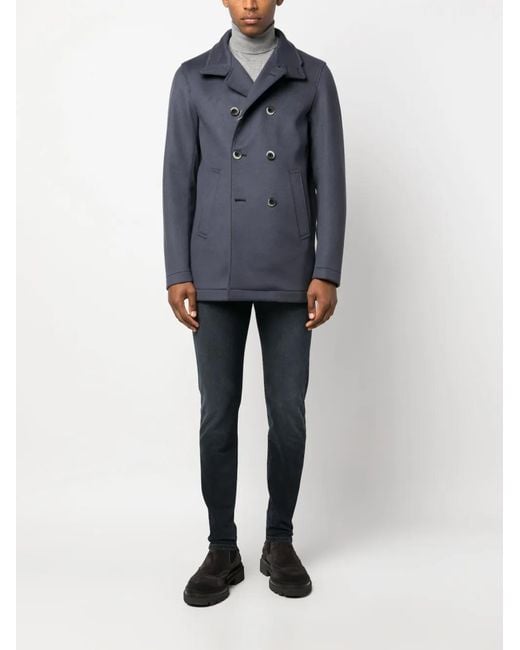 Herno Blue Double-Breasted Wool-Cashmere Coat for men