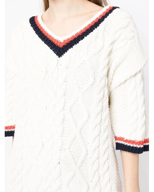 Pushbutton White Three-Quarter Sleeve Cable-Knit Top