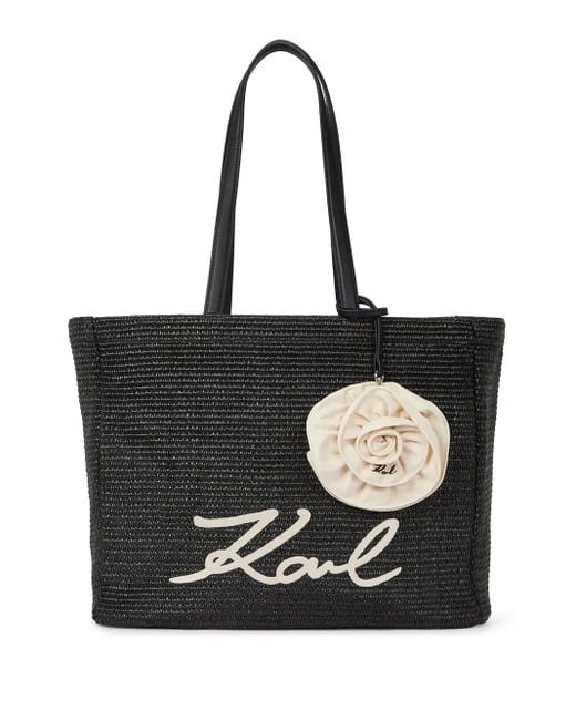 Karl Lagerfeld Black Signature Flower-Appliqué Tote Bag