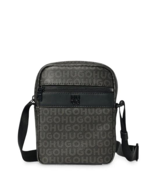 HUGO Black Logo-Print Messenger Bag for men