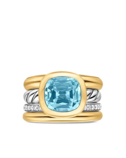 David Yurman Blue 18K And Sterling Dy Mercer Four Row Diamond And Topaz Ring