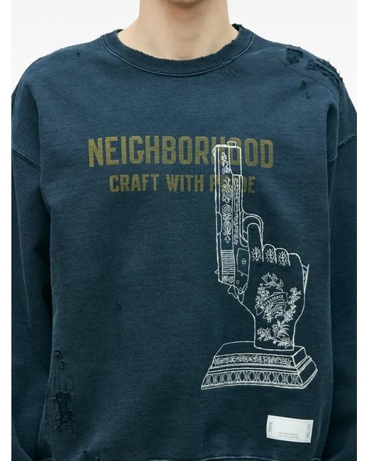 Neighborhood Blue Distressed Graphic-Print Sweatshirt for men
