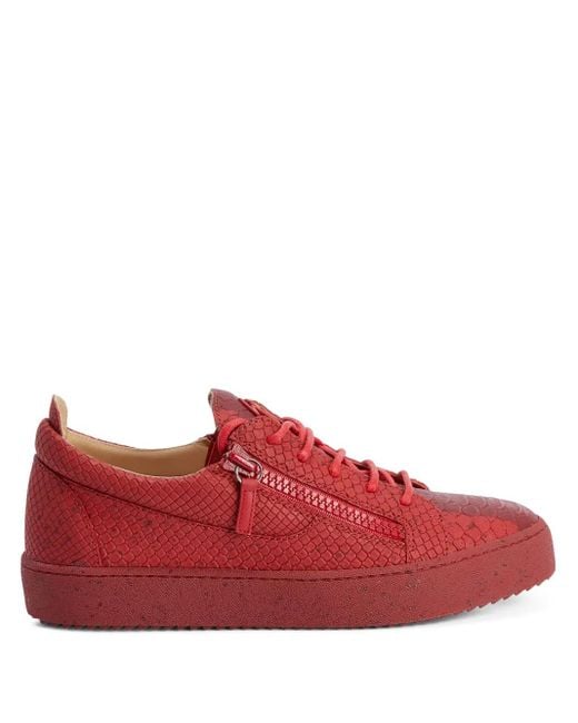 Giuseppe Zanotti Red Frankie Snakeskin-Effect Double-Zip Low-Top Sneakers for men