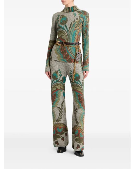 Etro Green Ribbed Paisley-Print Trousers