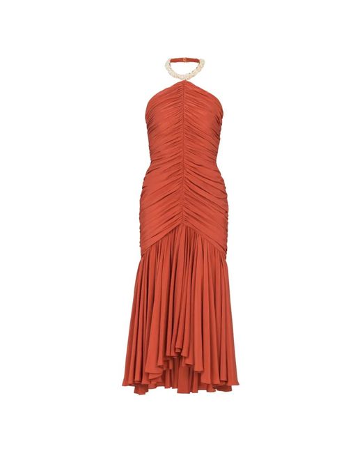 Balmain Red Ruched Halterneck Midi Dress
